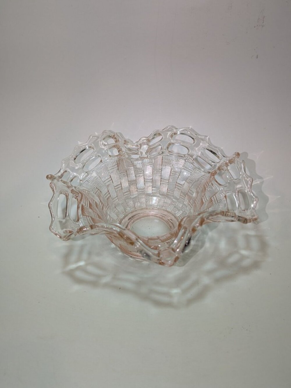 Vintage Pink Glass Candy Bowl Basketweave Lace Edge Ruffled